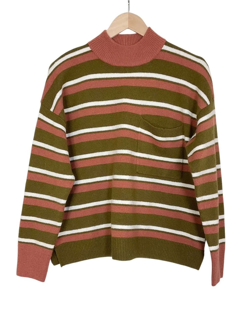 Madewell Redmond Mockneck Pocket Sweater in Stripe Wool Blend Size Small